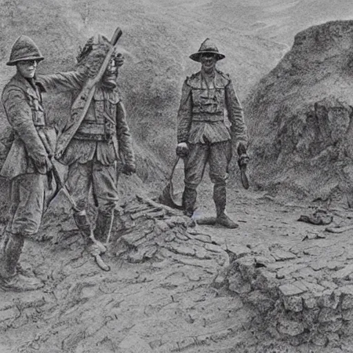 Prompt: ultra detailed photorealistic sepia - toned line drawing from 1 9 1 7, three british soldiers standing at an archaeological dig site in wadi rum, ultra realistic, painted, intricate details, lovecraft, atmospheric, dark, horror, brooding, highly detailed, by clyde caldwell