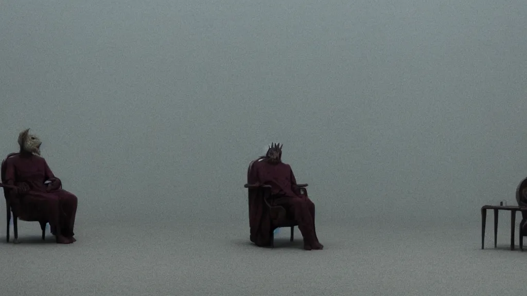 Prompt: a strange creature sits in a chair, film still from the movie directed by Denis Villeneuve with art direction by Zdzisław Beksiński, wide lens