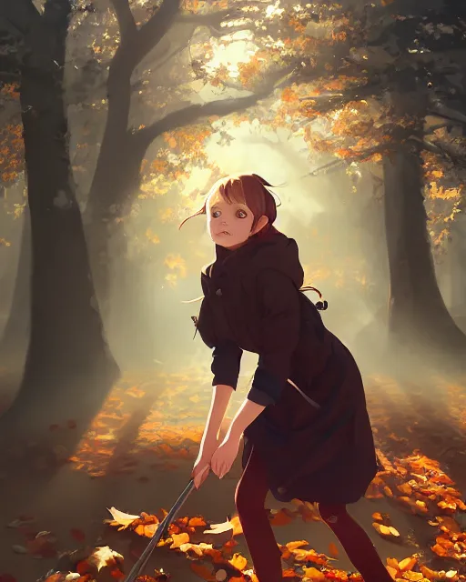 Image similar to a girl raking leaves on a cold autumn's day, full shot, atmospheric lighting, detailed face, by makoto shinkai, stanley artgerm lau, wlop, rossdraws