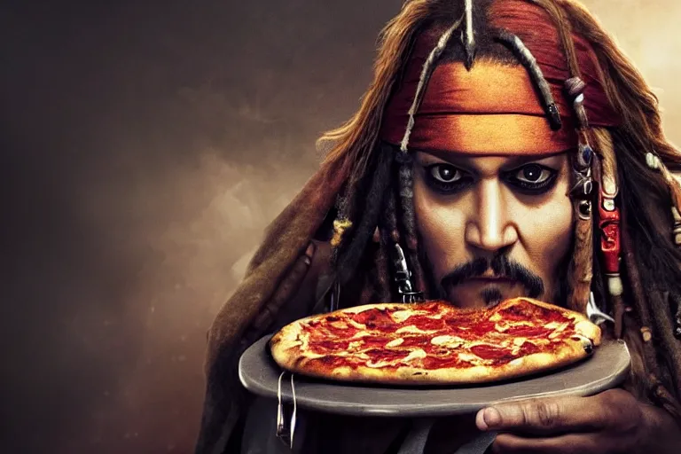 Image similar to Captain Jack Sparrow eating a delicious pizza, studio portrait, dramatic lighting, trending on artstation