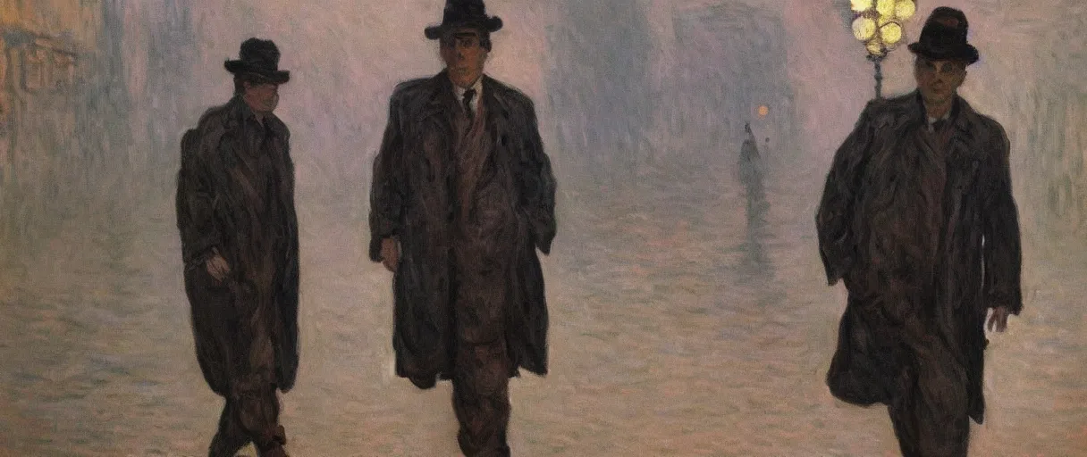 Image similar to a drunk and depressed film noir detective in a trench-coat, walking along a street; a painting by Claude Monet