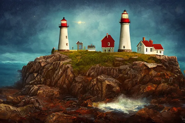 Image similar to a painting of a lighthouse built on seashore rocky cliff with waves crashing into the rocks and sea birds flying on a starry night, in the style of ray caesar, digital art