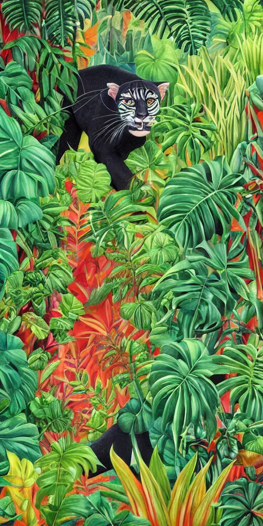 Prompt: deep in the jungle with exotic plant life, colorful tropical plants, natural botanical gardens, vines along the jungle floor, a panthers eyes staring at the camera, acrylic painting by henri rousseau and james jean, artstation, concept art, award winning,