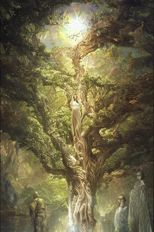 Image similar to tree of life, four seasons, volymetric light, highly detailed matte painting by noriyoshi ohrai, by charlie bowater, by mark brooks