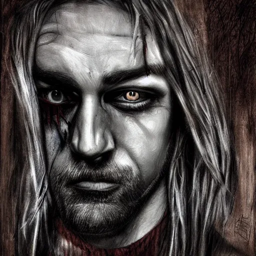 Image similar to surrealism grunge cartoon portrait sketch of Kurt Cobain, by michael karcz, loony toons style, freddy krueger style, horror theme, detailed, elegant, intricate