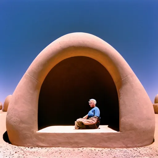 Prompt: a man sitting outside a Non-Euclidean orb-like clay house sitting in the desert, vintage photo, beautiful cinematography, blue sky, film grain, extreme wide shot, far away, James Turrell