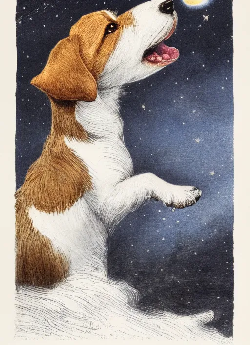 Prompt: portrait of jack russel dog looking up and howling with mouth open sad, night sky, highly detailed, side view, illustrated by peggy fortnum and beatrix potter and sir john tenniel