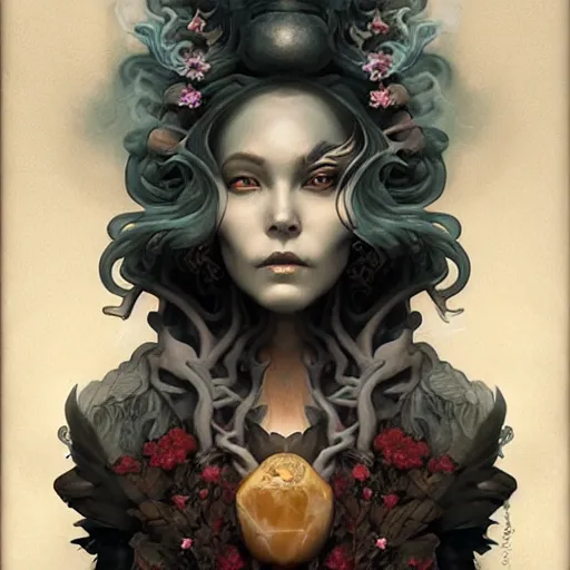 Image similar to fantasy portrait of a woman made of obsidian and smoke, carved Japanese Sakura wood organic overgrowth, holding nevermore, peter mohrbacher, artgerm, James Jean