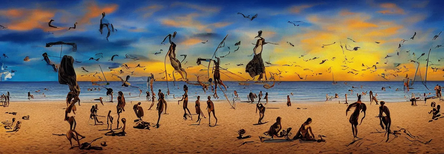 Image similar to People in beach by Salvador Dali and Bob Ross collaboration, mural, sun set, digital art, high details