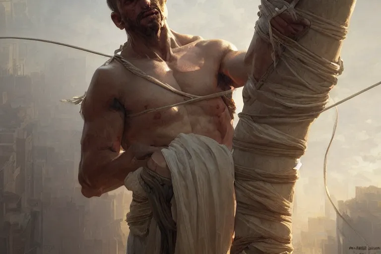 Prompt: a man tied to a pillar, highly detailed, hyperrealistic digital painting, artstation, concept art, smooth, sharp focus, illustration, cinematic lighting, art by artgerm and greg rutkowski and alphonse mucha