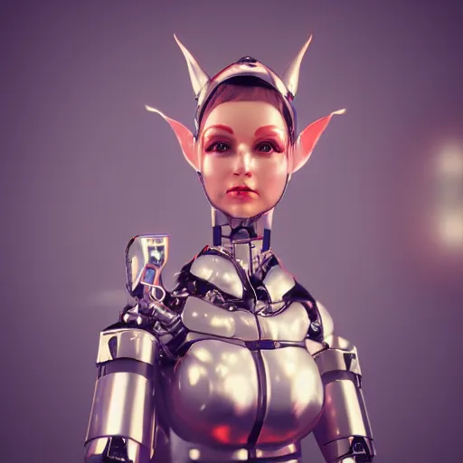 Image similar to Shiny cute elf woman robot with pointy ears portrait, octane render, high detail, photorealistic, unreal engine, ray traced