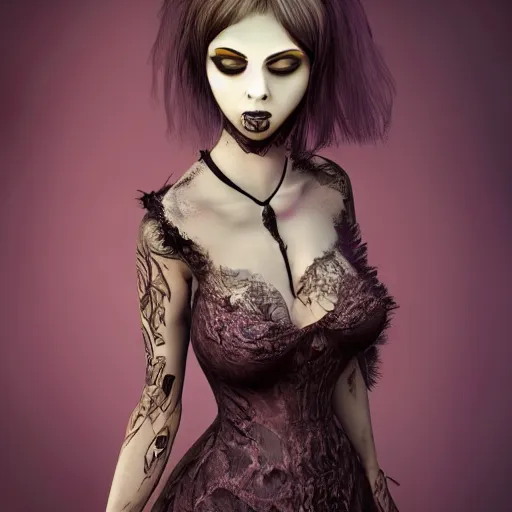 Image similar to photorealistic soft paint of absurdities and curiosities, very beautiful female curvy full gothic long dress, ultra deep fog, purple black lustrous thin haircut, symmetry accurate features, focus, very intricate ultrafine details, award winning masterpiece