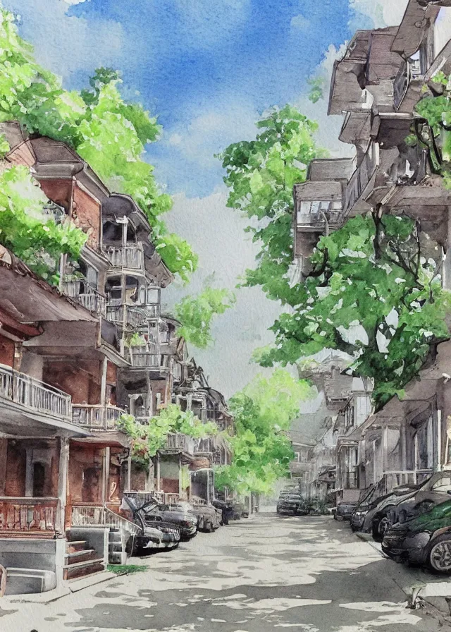 Image similar to street lined with old residential houses summer watercolor by arti chauhan trending on artstation