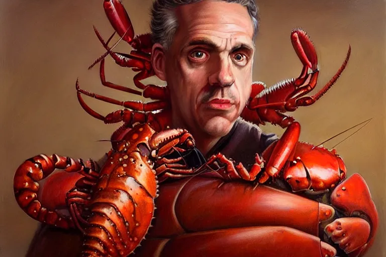 Image similar to portrait of jordan peterson, wearing a lobster suit, oil painting elegant, highly detailed, centered, digital painting, artstation, concept art, smooth, sharp focus, illustration, artgerm, tomasz alen kopera, peter mohrbacher, donato giancola, joseph christian leyendecker drew struzan