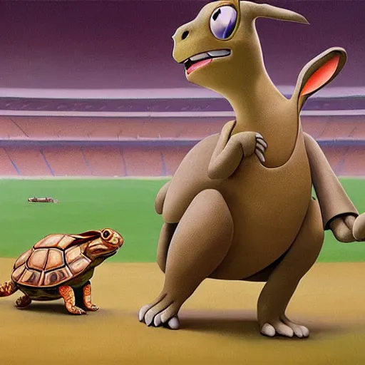 Image similar to goro fujita ilustration of a hare and a tortoise in a race in an olympic stadium, painting by goro fujita, sharp focus, highly detailed, artstation