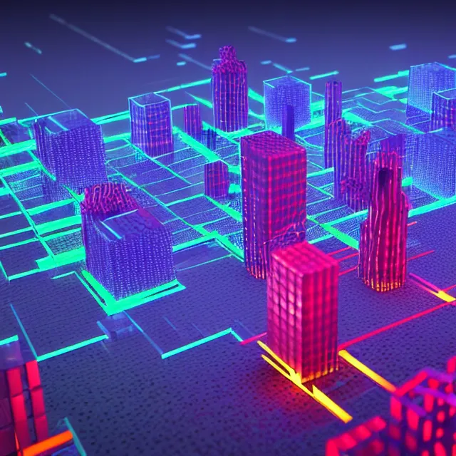 Image similar to 3 d render of glowing futuristic voxel blocks tied together with chains, cubes connected with wires, in the distance a cyberpunk blockchain city is seen, blockchain, symmetry, painted, intricate, volumetric lighting, beautiful, rich deep colors masterpiece, sharp focus, ultra detailed, in the style of dan mumford and marc simonetti