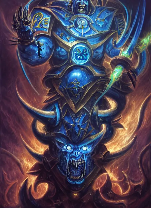 Prompt: space marine of tzeentch, evil warp energy, warp runes in air, warp lightning, screaming, insanity, hourglass, intricate, warhammer, warhammer 4 0 k, highly detailed, digital painting, concept art, sharp focus, illustration, psychedelic, grim dark, moody, gloomy, art by john blanche