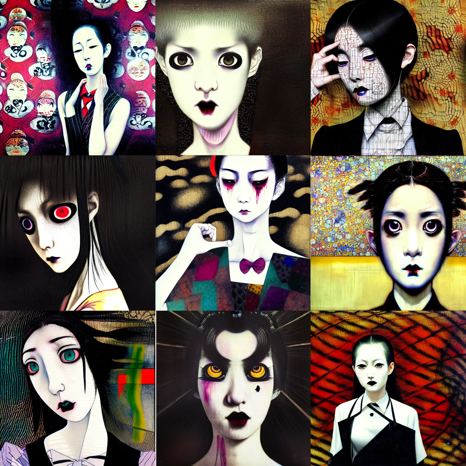 Image similar to yoshitaka amano blurred and dreamy realistic three quarter angle portrait of a young woman with black lipstick and black eyes wearing dress suit with tie, junji ito abstract patterns in the background, satoshi kon anime, noisy film grain effect, highly detailed, renaissance oil painting, weird portrait angle, blurred lost edges