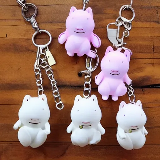 Image similar to some cute plastic toys that look like animal characters hanging from a backpack on a keychain, white, cream, and light pink