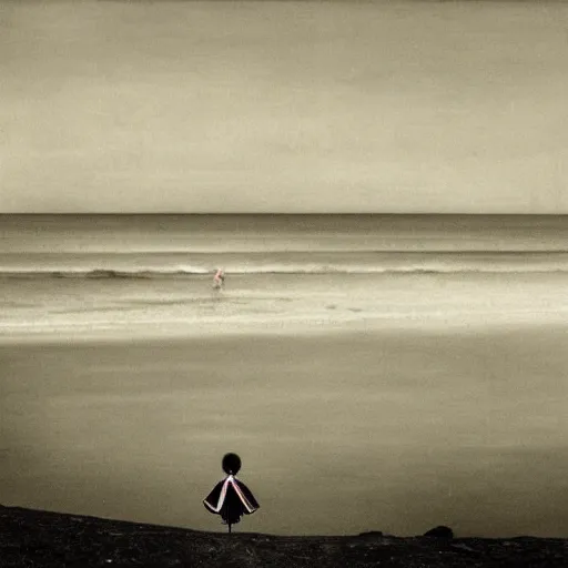 Image similar to A creature 5 meters tall, in a black chiffon layered robe, in a fancy hat and a little girl look into the distance on the seashore,style of Hiroshi Sugimoto::atmospheric illustration