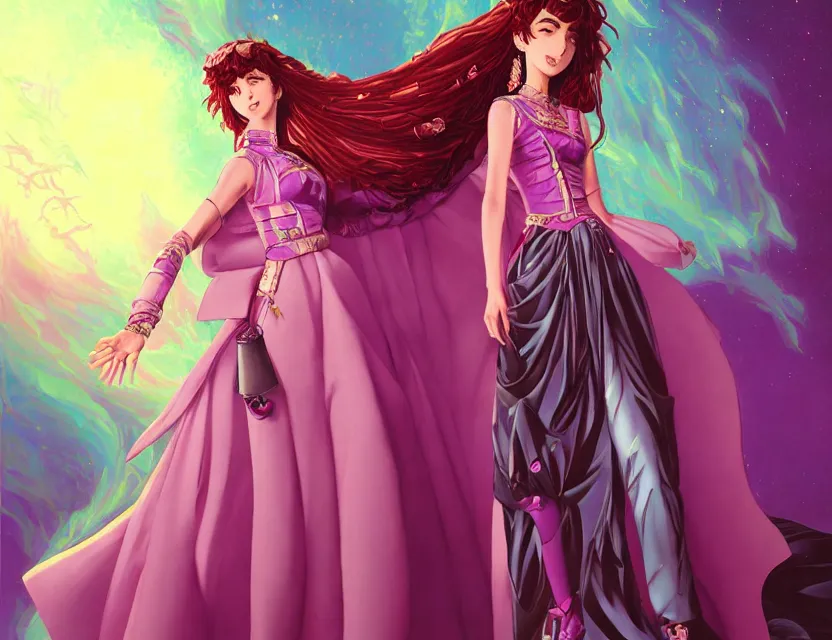 Image similar to middle eastern scifi princess of the rose springs, wearing a lovely dress with vaporwave details. this oil painting by the award - winning mangaka has an interesting color scheme and impeccable lighting.