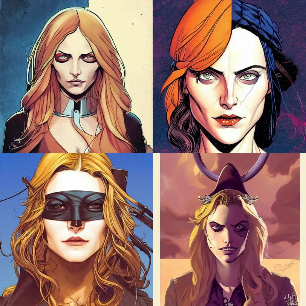 Image similar to Rafeal Albuquerque comic art, Joshua Middleton comic art, pretty female Phoebe Tonkin, pirate, eye patch over one eye, evil smile, symmetrical face, symmetrical eyes, pirate clothing, long wavy blonde hair, full body:: sunny weather::