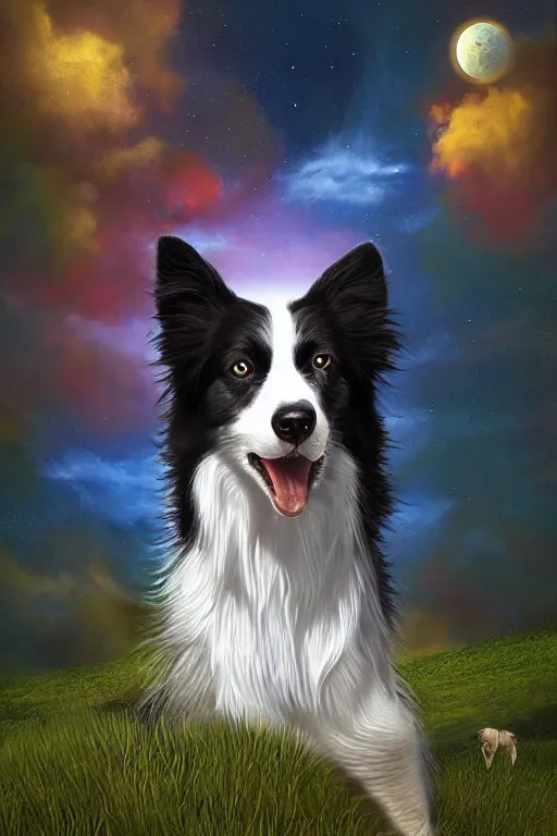 Prompt: sitting border collie with fantasy background by beeple and rossdraws