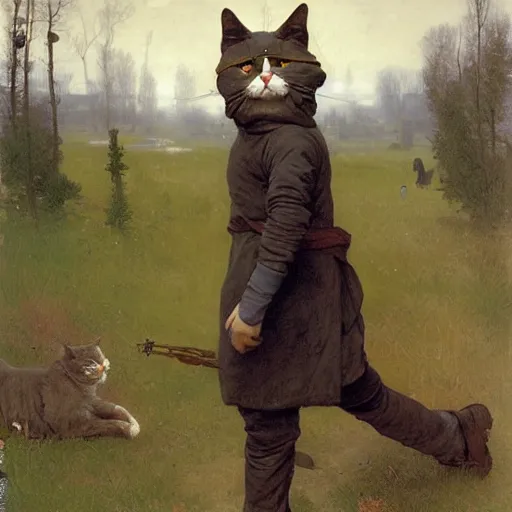 Image similar to belligerent man wearing a cat costume with a yellow hoodie greg danton william adolphe bouguereau vasily surikov anton fadeev simon stalenhag