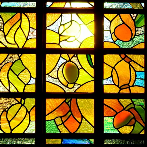 Prompt: stained glass window of mango fruits, sun rays