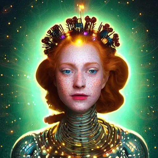 Image similar to a totally amazed smiling pretty robot surrounded by golden firefly lights in a mesmerizing scene, fully covering intricate detailed bohemian outfit, long loose red hair, precise linework, accurate green eyes, small nose with freckles, beautiful smooth oval head, expressive emotions, hyper realistic ultrafine portrait by artemisia gentileschi, jessica rossier, greg rutkowski, artgerm