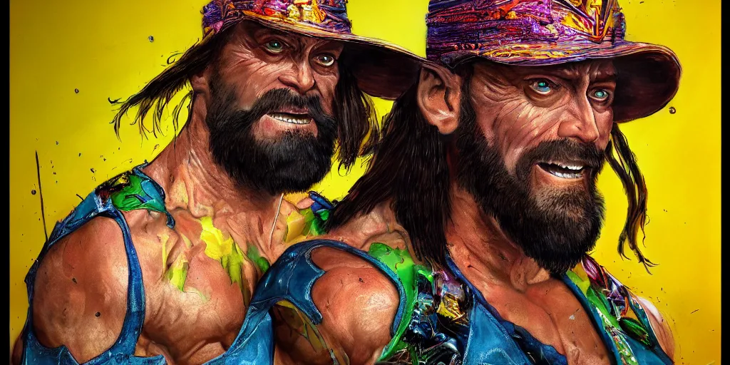 Prompt: hyperrealistic mixed media portrait of macho man randy savage, forward angle, stunning 3d render inspired art by P. Craig Russell and Barry Windsor-Smith + perfect facial symmetry + dim volumetric lighting, 8k octane beautifully detailed render, post-processing, extremely hyperdetailed, intricate complexity, epic composition, grim yet sparkling atmosphere, cinematic lighting + masterpiece, trending on artstation