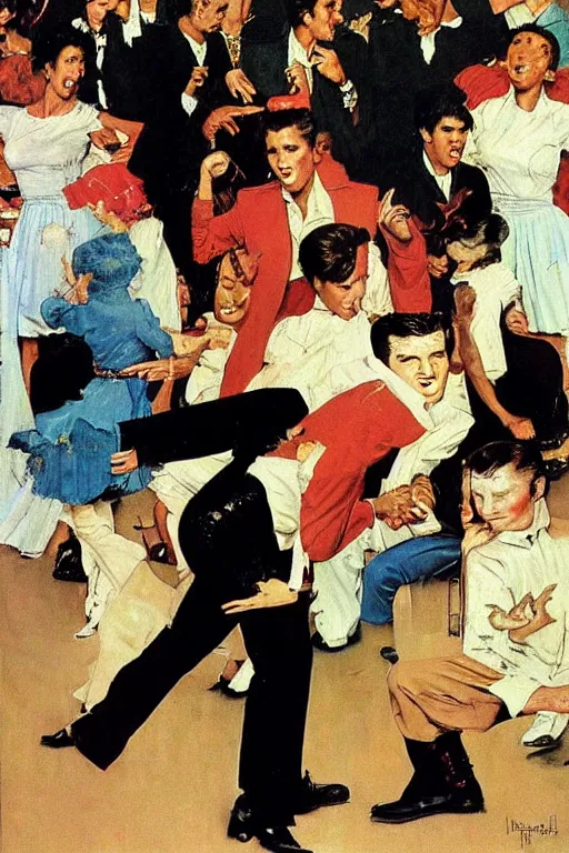 Image similar to elvis presley dancing painted by norman rockwell