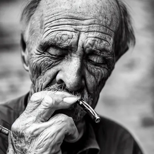 Image similar to close-up of a sad tired old man with a pipe, XF IQ4, 150MP, 50mm, f/1.4, ISO 200, 1/160s, natural light, Adobe Photoshop, Adobe Lightroom, DxO Photolab, Corel PaintShop Pro, rule of thirds, symmetrical balance, depth layering, polarizing filter, Sense of Depth, AI enhanced