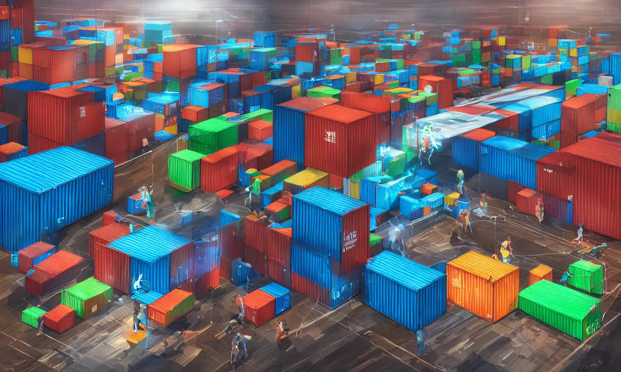 Prompt: podman run, exec, broken containers, 3 d art, digital illustration, perfect lighting