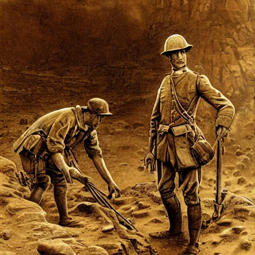 Image similar to ultra detailed photorealistic sepia - toned painting from 1 9 1 7, a british officer in field fear standing at an archaeological dig site in wadi rum, ultra realistic, painted, intricate details, lovecraft, atmospheric, dark, horror, brooding, highly detailed, in the style of clyde caldwell