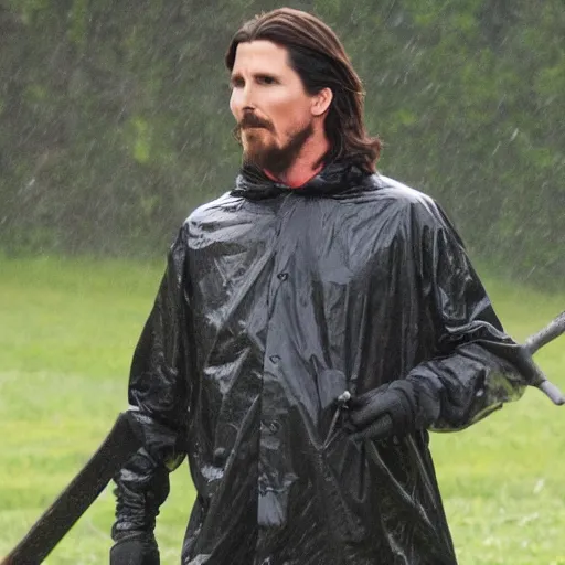 Image similar to christian bale in a clear rain coat holding an axe hd