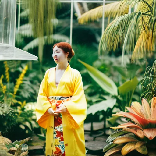 Image similar to Medium format photograph of an perfect woman wearing a yellow kimono in a tropical greenhouse, bokeh