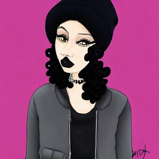 Image similar to illustration of a mixed woman with a septum piercing, short curly hair, winged eyeliner, black beanie, black bomber jacket, goth aesthetic, trending on artstation