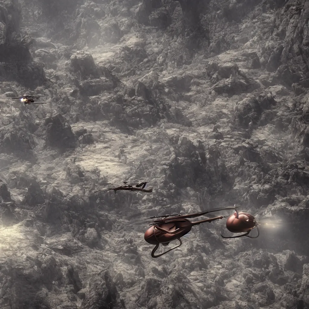 Image similar to organic octopus helicopter flying over a mountainous alien landscape, dramatic sci-fi movie still