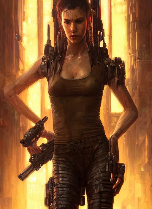 Image similar to sarah kerrigan. cyberpunk mercenary in a military vest ( blade runner 2 0 4 9, cyberpunk 2 0 7 7 ). orientalist portrait by john william waterhouse and james gurney and theodore ralli and nasreddine dinet, oil on canvas. cinematic, hyper realism, realistic proportions, dramatic lighting, high detail 4 k