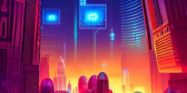 Image similar to glowing cubes, in the middle of a futuristic cyberpunk dubai city, in the art style of dan mumford and marc simonetti, atmospheric lighting, intricate, volumetric lighting, beautiful, sharp focus, ultra detailed