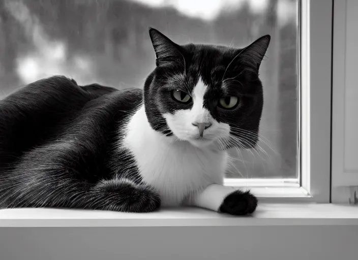 Image similar to photography of a Cat . watching outside the window. on a bed. in a 70's room full of vinyls and posters, photorealistic, award winning photo, 100mm, sharp, high res