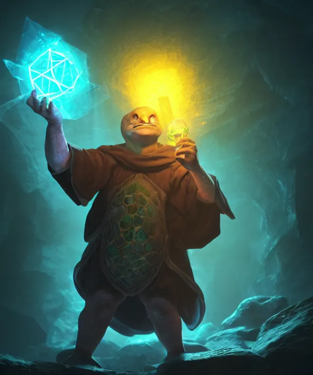 Prompt: an old turtle - wizard holding open a spell book with magic glowing runes in a mystical crystal cave at night in the dark, volumetric lighting 8 k photorender realengine character concept cinematic