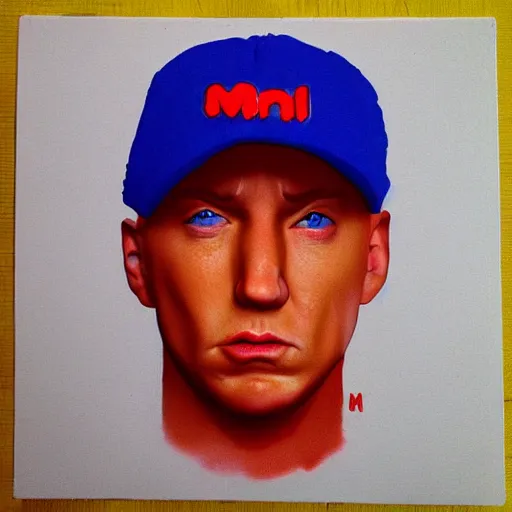 Prompt: portrait of eminem made out of m & m candy