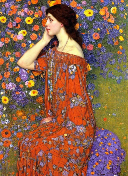 Image similar to a beautiful woman in a colorful dress surrounded by colorful patterns and flowers by john william waterhouse and gustave klimt and and edgar maxence and michael whelan, artistic, intricate realistic fantasy, extremely detailed and beautiful face, 8 k resolution, dramatic lighting