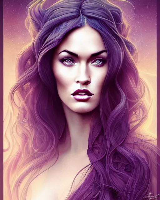 Image similar to new art nouveau portrait of megan fox in the style of anna dittmann and charlie bowater and loish. long windblown hair, very large, clear, expressive, and intelligent eyes. symmetrical, centered, ultrasharp focus, dramatic lighting, photorealistic digital matte painting, intricate ultra detailed background.