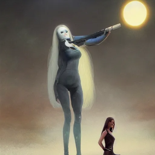 Image similar to pleiadian woman with big eyes and long silver hair wearing a dark body suit and holding a plasma gun standing in barren fields, cinematic, ultra detailed, art by greg rutkowski