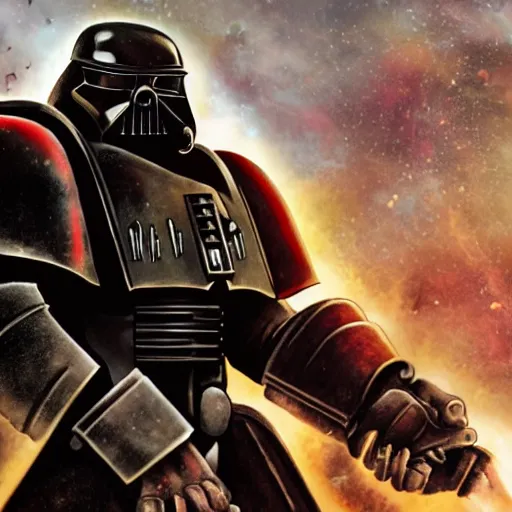 Image similar to space marine from warhammer 40000 in the style of Darth Vader from star wars, realism, against the background of the battlefield, depth of field, focus on darth vader,