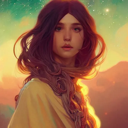 Image similar to girl with super long hair, hair becoming bright stars, intricate, highly detailed, digital painting, artstation, concept art, smooth, sharp focus, illustration, unreal engine 5, 8 k, art by artgerm and greg rutkowski and alphonse mucha