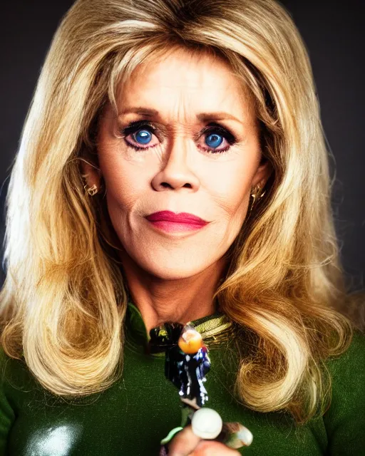 Image similar to A realistic photo of Jane Fonda as Buffy the Vampire Slayer, bokeh, 90mm, f/1.4